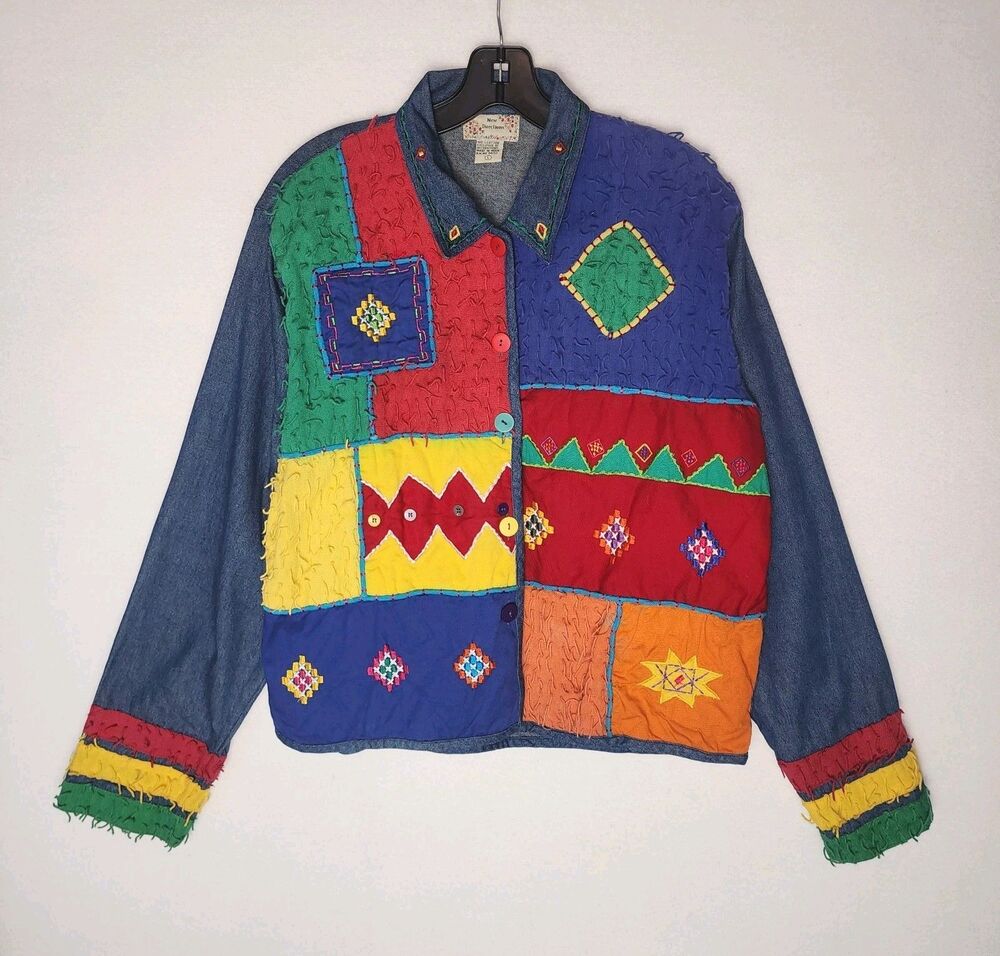 VTG New Directions Denim Jacket Artsy Boho Teacher Colorful Stitch Womens Large